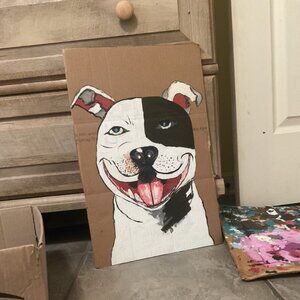 Handmade Art Card Board Pitbull Needs 18x12 Frame Handpainted Picture